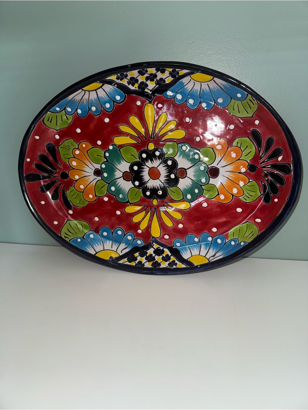 Authentic, hand-painted Mexican Talavera oval serving platter Artisan Earthware